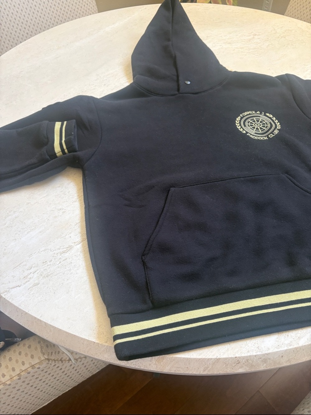 Formula 1 PADDOCK CLUB black Hoodie with Yellow Stripe Accent . Men or Women